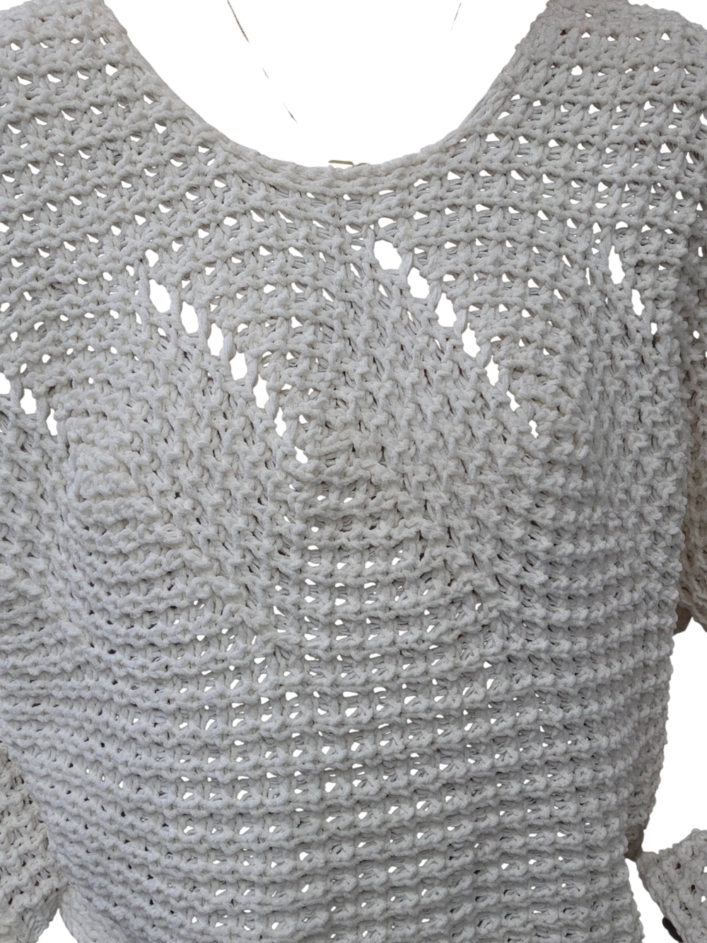 POL Crochet Sweater Cream Open Knit Cropped Bell Sleeve Boho Coastal M - Picture 6 of 9